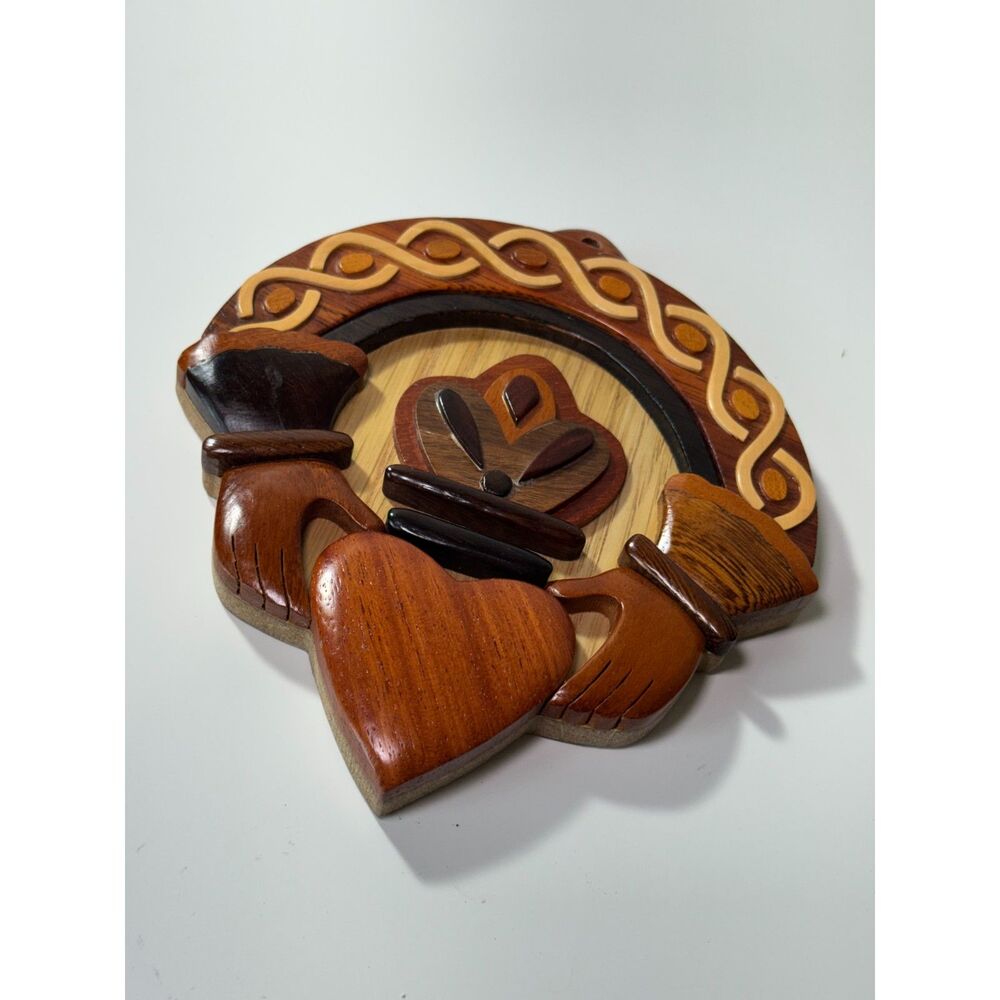 Islandcraft Intarsia Wood Claddagh Irish Wall Plaque Decor Handcrafted Celtic